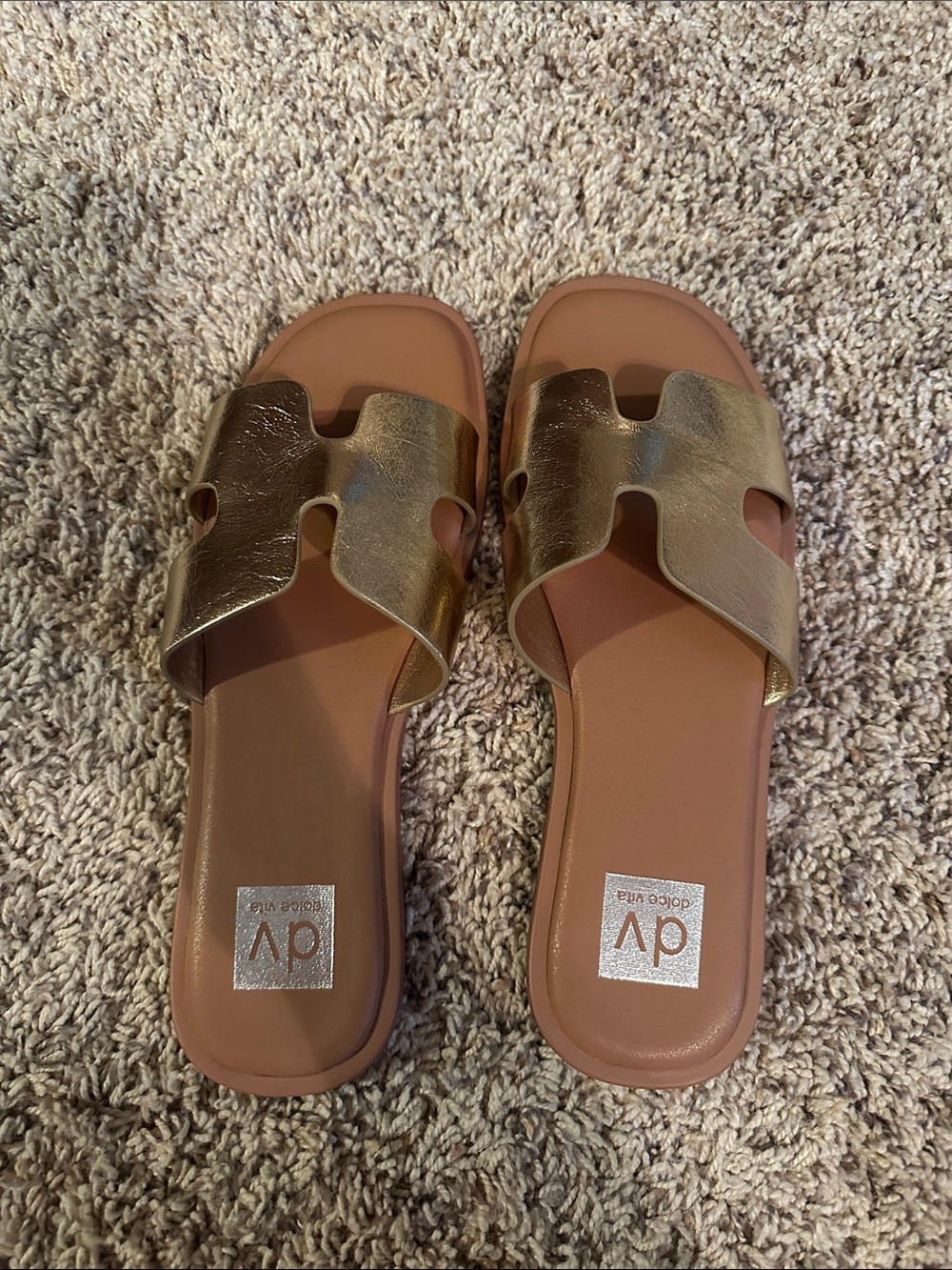 DV by Dolce Vita Metallic Gold Slide Sandals with Tan Footbed
